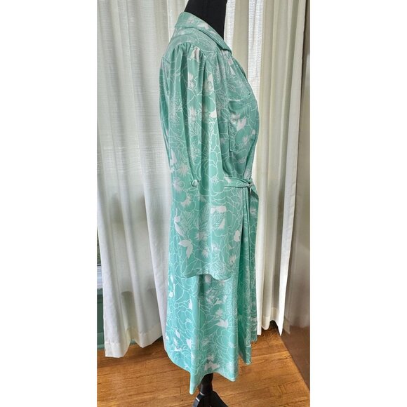 Vintage 80s shirtdress, mint green, white floral, Sears Canada, sewn-in belt tie - Picture 5 of 9